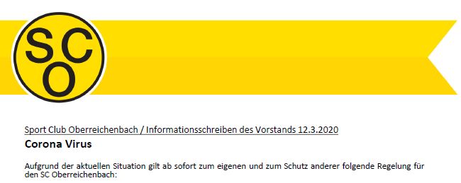 Informationsschreiben Corona Virus